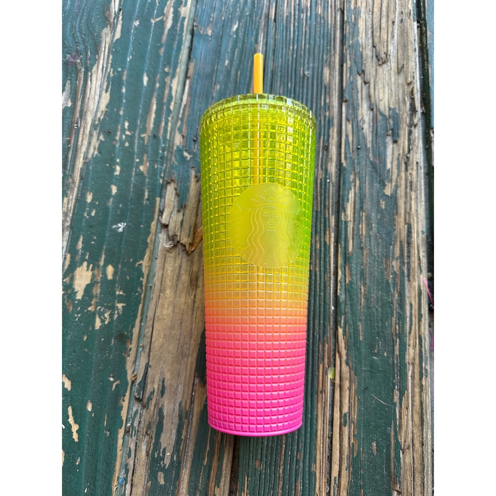 Starbucks Neon Lime Pink Ombre Grid Studded Venti Tumbler 24oz Cup 011134128